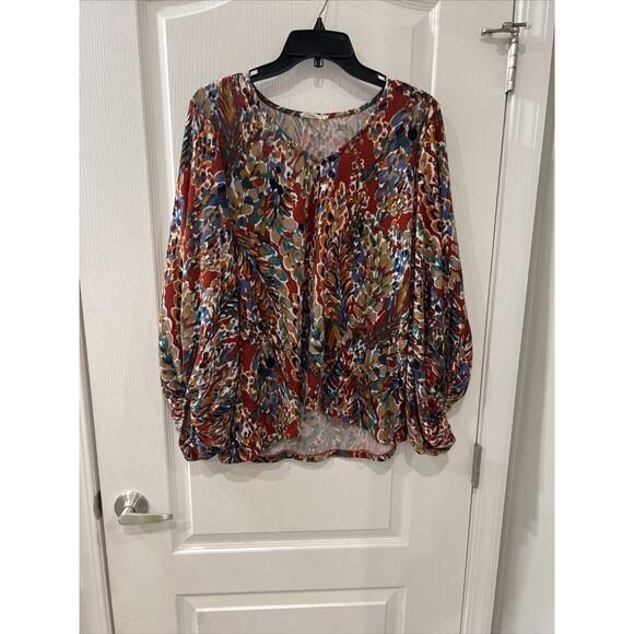 Beeson River Mixed Print Ted Green Long Balloon Sleeve V Neck Top Women Size M - Picture 6 of 6